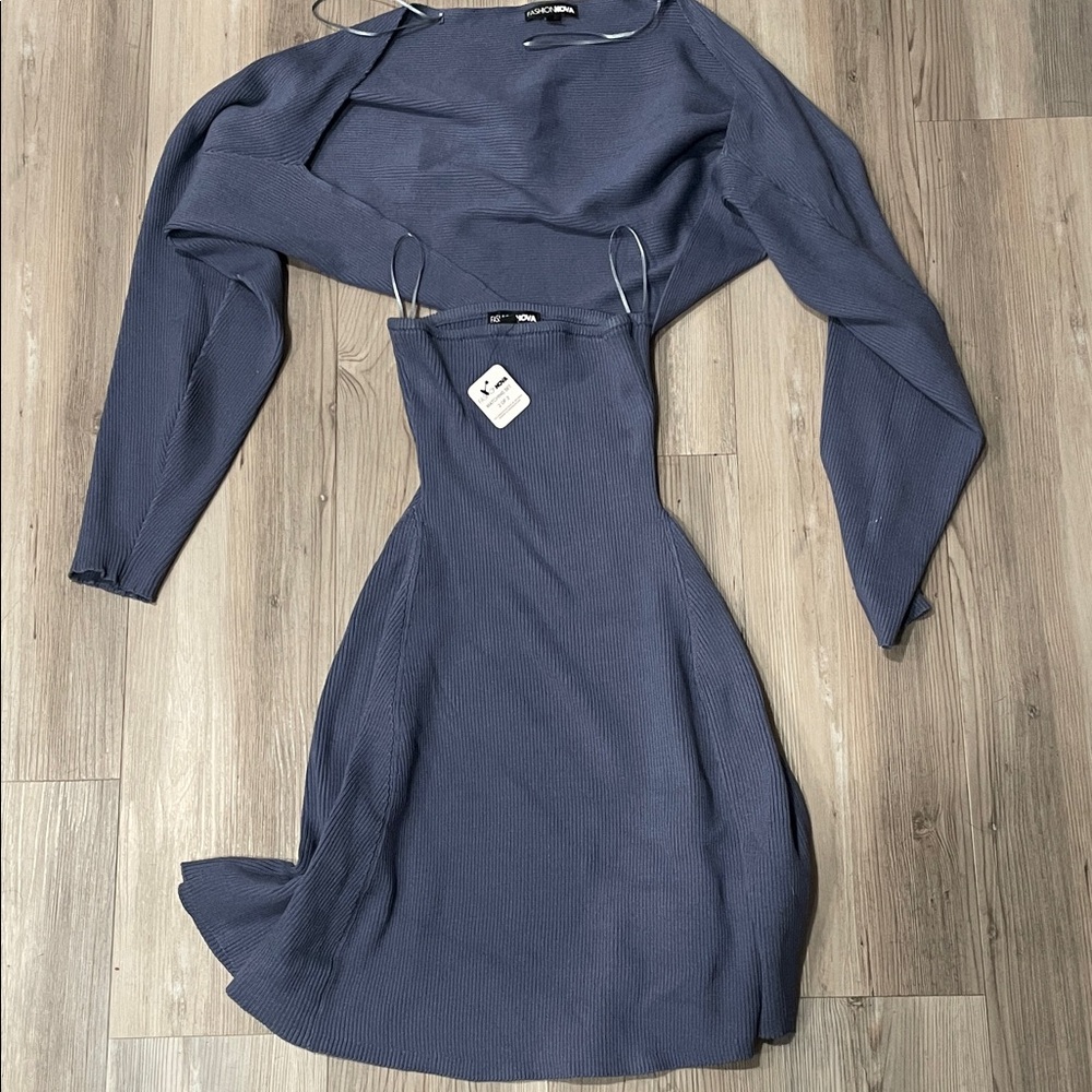 Fashion Nova Slate Blue Ribbed Long Sleeve Bodycon Dress Set